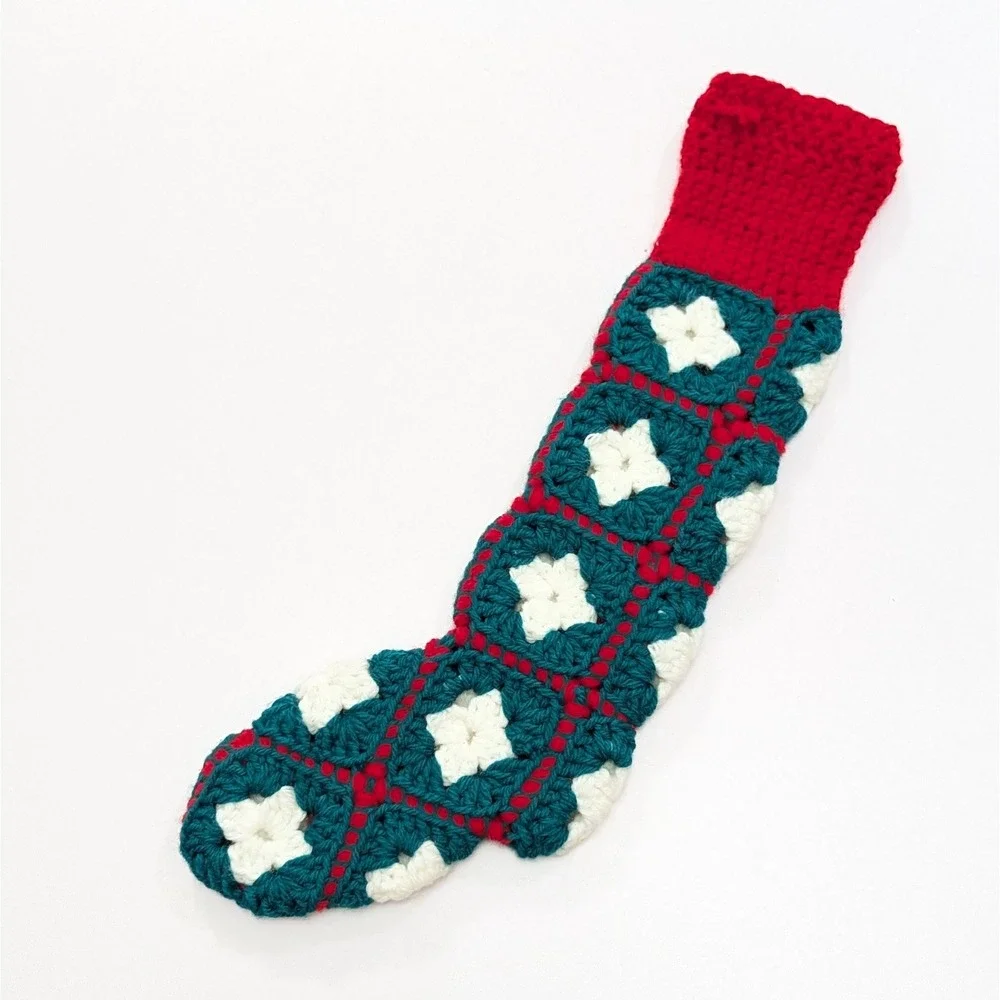 Vintage Granny Square Christmas Stocking Handmade Crochet Red Green White Yarn